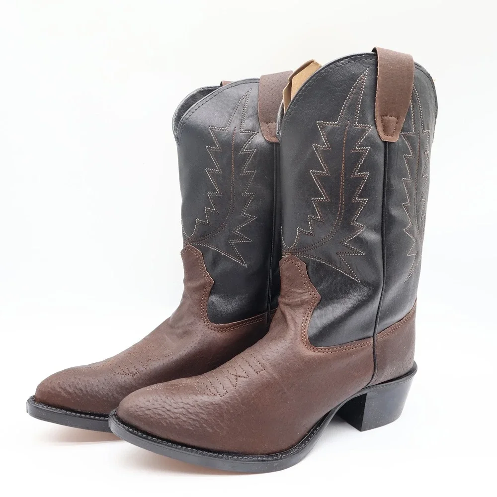 Wrangler Vintage Western Boots Youth 4.5 D Old Brown Leather Black NWT USA Made